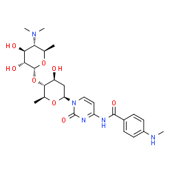 ChemSpider 2D Image | 2(1H)-Pyrimidinone, 1-[2,6-dideoxy-4-O-[4,6-dideoxy-4-(dimethylamino)-alpha-D-glucopyranosyl]-beta-L-arabino-hexopyranosyl]-4-[[4-(methylamino)benzoyl]amino]- | C26H37N5O8