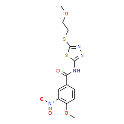 ChemSpider 2D Image | 4-Methoxy-N-{5-[(2-methoxyethyl)sulfanyl]-1,3,4-thiadiazol-2-yl}-3-nitrobenzamide | C13H14N4O5S2