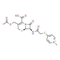 ChemSpider 2D Image | 4-[(2-{[(6R,7R)-3-(Acetoxymethyl)-2-carboxy-8-oxo-5-thia-1-azabicyclo[4.2.0]oct-2-en-7-yl]amino}-2-oxoethyl)sulfanyl]-1-methylpyridinium | C18H20N3O6S2