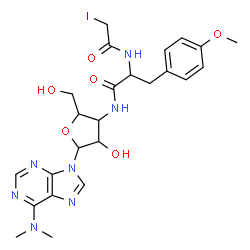 ChemSpider 2D Image | N-{5-[6-(Dimethylamino)-9H-purin-9-yl]-4-hydroxy-2-(hydroxymethyl)tetrahydro-3-furanyl}-2-[(iodoacetyl)amino]-3-(4-methoxyphenyl)propanamide | C24H30IN7O6