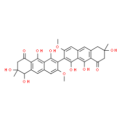 ChemSpider 2D Image | 1,1',5,6,6',9,9'-Heptahydroxy-3,3'-dimethoxy-6,6'-dimethyl-6,6',7,7'-tetrahydro-2,2'-bianthracene-8,8'(5H,5'H)-dione | C32H30O11