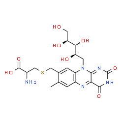 ChemSpider 2D Image | 2-Amino-3-[({7-methyl-2,4-dioxo-10-[(2R,3R,4S)-2,3,4,5-tetrahydroxypentyl]-2,3,4,10-tetrahydrobenzo[g]pteridin-8-yl}methyl)sulfanyl]propanoic acid | C20H25N5O8S