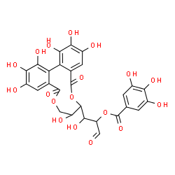 ChemSpider 2D Image | 1-(1,2,3,8,13,14,15-Heptahydroxy-5,11-dioxo-5,8,9,11-tetrahydro-7H-dibenzo[g,i][1,5]dioxacycloundecin-7-yl)-1-hydroxy-3-oxo-2-propanyl 3,4,5-trihydroxybenzoate | C27H22O18