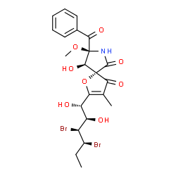 ChemSpider 2D Image | (5S,8S,9R)-8-Benzoyl-2-[(1S,2R,3S,4S)-3,4-dibromo-1,2-dihydroxyhexyl]-9-hydroxy-8-methoxy-3-methyl-1-oxa-7-azaspiro[4.4]non-2-ene-4,6-dione | C22H25Br2NO8