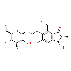 ChemSpider 2D Image | 2-[(1S,2S)-1-Hydroxy-4-(hydroxymethyl)-2,6-dimethyl-3-oxo-2,3-dihydro-1H-inden-5-yl]ethyl beta-D-glucopyranoside | C20H28O9