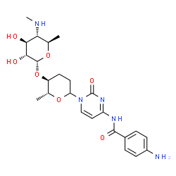 ChemSpider 2D Image | 4-Amino-N-{1-[(5S,6R)-5-{[4,6-dideoxy-4-(methylamino)-alpha-D-glucopyranosyl]oxy}-6-methyltetrahydro-2H-pyran-2-yl]-2-oxo-1,2-dihydro-4-pyrimidinyl}benzamide | C24H33N5O7