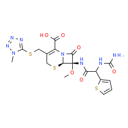 ChemSpider 2D Image | (6R,7S)-7-{[(Carbamoylamino)(2-thienyl)acetyl]amino}-7-methoxy-3-{[(1-methyl-1H-tetrazol-5-yl)sulfanyl]methyl}-8-oxo-5-thia-1-azabicyclo[4.2.0]oct-2-ene-2-carboxylic acid | C18H20N8O6S3