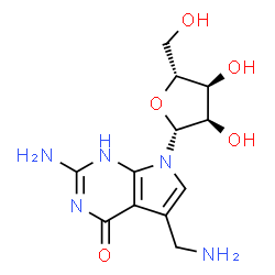 ChemSpider 2D Image | 2-Amino-5-(aminomethyl)-7-(beta-D-ribofuranosyl)-1,7-dihydro-4H-pyrrolo[2,3-d]pyrimidin-4-one | C12H17N5O5