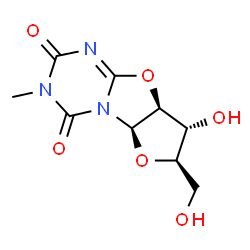 ChemSpider 2D Image | (5aR,7R,8R,8aS)-8-Hydroxy-7-(hydroxymethyl)-3-methyl-5a,7,8,8a-tetrahydro-2H-furo[2',3':4,5][1,3]oxazolo[3,2-a][1,3,5]triazine-2,4(3H)-dione | C9H11N3O6