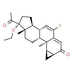 ChemSpider 2D Image | (1R,3aS,3bR,7aS,8aR,8bR,8cR,10aS)-1-Acetyl-1-ethoxy-5-fluoro-8b,10a-dimethyl-2,3,3a,3b,7a,8,8a,8b,8c,9,10,10a-dodecahydrocyclopenta[a]cyclopropa[g]phenanthren-7(1H)-one | C24H31FO3