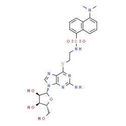 ChemSpider 2D Image | 6-{[2-({[5-(Dimethylamino)-1-naphthyl]sulfonyl}amino)ethyl]sulfanyl}-9-(beta-D-ribofuranosyl)-9H-purin-2-amine | C24H29N7O6S2