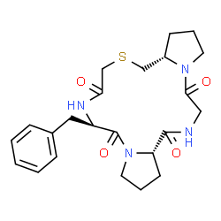 ChemSpider 2D Image | (6R,11aS,19aS)-6-Benzyldodecahydro-5H,11H-dipyrrolo[2,1-c:2',1'-i][1,4,7,10,13]thiatetraazacyclopentadecine-5,8,16,19(9H)-tetrone | C23H30N4O4S