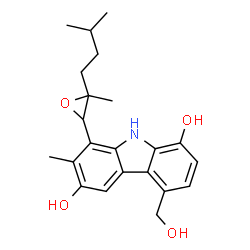 ChemSpider 2D Image | 9H-Carbazole-1,6-diol, 4-(hydroxymethyl)-7-methyl-8-(3-methyl-3-(3-methylbutyl)oxiranyl)- | C22H27NO4
