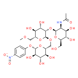 ChemSpider 2D Image | 4-Nitrophenyl 2-acetamido-2-deoxy-beta-D-mannopyranosyl-(1->2)-6-O-methyl-alpha-D-mannopyranosyl-(1->6)-beta-D-glucopyranoside | C27H40N2O18