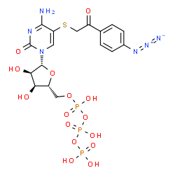 ChemSpider 2D Image | 5-{[2-(4-Azidophenyl)-2-oxoethyl]sulfanyl}cytidine 5'-(tetrahydrogen triphosphate) | C17H21N6O15P3S