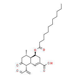 ChemSpider 2D Image | (4S,4aR,5S,8R,8aS)-4-(Dodecanoyloxy)-5-methyl-7-oxo-8-(3-oxo-1-propen-2-yl)-3,4,4a,5,6,7,8,8a-octahydro-2-naphthalenecarboxylic acid | C27H40O6