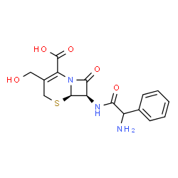 ChemSpider 2D Image | (6R,7R)-7-{[Amino(phenyl)acetyl]amino}-3-(hydroxymethyl)-8-oxo-5-thia-1-azabicyclo[4.2.0]oct-2-ene-2-carboxylic acid | C16H17N3O5S