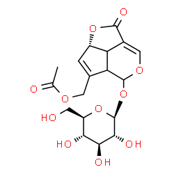 ChemSpider 2D Image | [(2aS)-5-(b-D-glucopyranosyloxy)-1-oxo-2a,4a,5,7b-tetrahydro-1H-2,6-dioxacyclopenta[cd]inden-4-yl]methyl acetate | C18H22O11