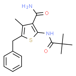 ChemSpider 2D Image | 5-Benzyl-2-[(2,2-dimethylpropanoyl)amino]-4-methyl-3-thiophenecarboxamide | C18H22N2O2S