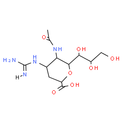 ChemSpider 2D Image | (6R)-5-Acetamido-2,6-anhydro-4-carbamimidamido-3,4,5-trideoxy-6-[(1R,2R)-1,2,3-trihydroxypropyl]-L-lyxo-hexonic acid | C12H22N4O7