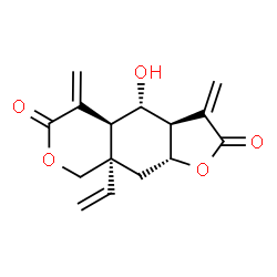 ChemSpider 2D Image | (3aR,4S,4aS,8aS,9aR)-4-Hydroxy-3,5-bis(methylene)-8a-vinyloctahydro-2H-furo[3,2-g]isochromene-2,6(3H)-dione | C15H16O5