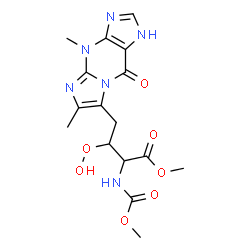 ChemSpider 2D Image | Methyl 4-(4,6-dimethyl-9-oxo-4,9-dihydro-1H-imidazo[1,2-a]purin-7-yl)-3-hydroperoxy-2-[(methoxycarbonyl)amino]butanoate | C16H20N6O7