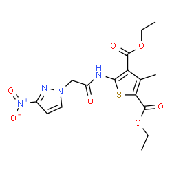 ChemSpider 2D Image | Diethyl 3-methyl-5-{[(3-nitro-1H-pyrazol-1-yl)acetyl]amino}-2,4-thiophenedicarboxylate | C16H18N4O7S