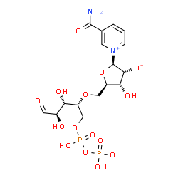 ChemSpider 2D Image | (2R,3R,4R,5R)-2-(3-Carbamoyl-1-pyridiniumyl)-5-({[(2R,3S,4R)-3,4-dihydroxy-1-{[hydroxy(phosphonooxy)phosphoryl]oxy}-5-oxo-2-pentanyl]oxy}methyl)-4-hydroxytetrahydro-3-furanolate | C16H24N2O15P2