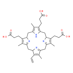 ChemSpider 2D Image | 3,3',3''-(3,8,12,18-Tetramethyl-7-vinyl-6,10,14,15,20,24-hexahydro-1H,5H-porphine-2,13,17-triyl)tripropanoic acid | C35H42N4O6