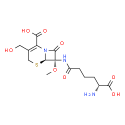 ChemSpider 2D Image | (6R,7S)-7-{[(5R)-5-Amino-5-carboxypentanoyl]amino}-3-(hydroxymethyl)-7-methoxy-8-oxo-5-thia-1-azabicyclo[4.2.0]oct-2-ene-2-carboxylic acid | C15H21N3O8S