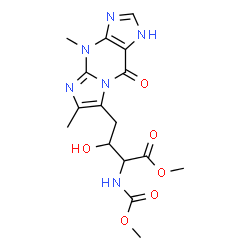ChemSpider 2D Image | Methyl 4-(4,6-dimethyl-9-oxo-4,9-dihydro-1H-imidazo[1,2-a]purin-7-yl)-N-(methoxycarbonyl)threoninate | C16H20N6O6