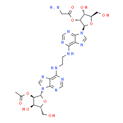 ChemSpider 2D Image | (2R,3R,4R,5R)-2-(6-{[2-({9-[(2R,3R,4R,5R)-3-Acetoxy-4-hydroxy-5-(hydroxymethyl)tetrahydro-2-furanyl]-9H-purin-6-yl}amino)ethyl]amino}-9H-purin-9-yl)-4-hydroxy-5-(hydroxymethyl)tetrahydro-3-furanyl ami
noacetate | C26H33N11O10