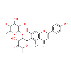 ChemSpider 2D Image | 2,6-Anhydro-1-deoxy-5-O-(6-deoxyhexopyranosyl)-6-[5,7-dihydroxy-2-(4-hydroxyphenyl)-4-oxo-4H-chromen-6-yl]hex-3-ulose | C27H28O13