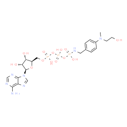 ChemSpider 2D Image | 5'-O-{Hydroxy[(hydroxy{[hydroxy({4-[(2-hydroxyethyl)(methyl)amino]benzyl}amino)phosphoryl]oxy}phosphoryl)oxy]phosphoryl}adenosine | C20H30N7O13P3