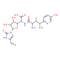 ChemSpider 2D Image | {[2-Amino-4-hydroxy-4-(5-hydroxy-2-pyridinyl)-3-methylbutanoyl]amino}[5-(4-formyl-2-oxo-2,3-dihydro-1H-imidazol-1-yl)-3,4-dihydroxytetrahydro-2-furanyl]acetic acid | C20H25N5O10