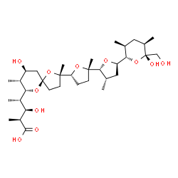 ChemSpider 2D Image | (2S,3R,4S)-3-Hydroxy-4-[(2S,5R,7S,8R,9S)-9-hydroxy-2-{(2S,2'R,3'S,5R,5'R)-5'-[(2S,3S,5R,6R)-6-hydroxy-6-(hydroxymethyl)-3,5-dimethyltetrahydro-2H-pyran-2-yl]-2,3'-dimethyloctahydro-2,2'-bifuran-5-yl}-
2,8-dimethyl-1,6-dioxaspiro[4.5]dec-7-yl]-2-methylpentanoic acid | C34H58O11