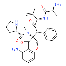 ChemSpider 2D Image | (2S)-N-[(2R,5S)-5-(D-Alanylamino)-1-(2-aminophenyl)-2-formyl-6-methyl-1,4-dioxo-3-phenyl-6-hepten-2-yl]-N-methyl-2-pyrrolidinecarboxamide | C30H37N5O5