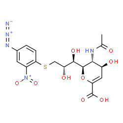 ChemSpider 2D Image | (6R)-5-Acetamido-2,6-anhydro-6-{(1R,2S)-3-[(4-azido-2-nitrophenyl)sulfanyl]-1,2-dihydroxypropyl}-3,5-dideoxy-L-threo-hex-2-enonic acid | C17H19N5O9S