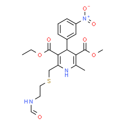 ChemSpider 2D Image | 3-Ethyl 5-methyl 2-{[(2-formamidoethyl)sulfanyl]methyl}-6-methyl-4-(3-nitrophenyl)-1,4-dihydro-3,5-pyridinedicarboxylate | C21H25N3O7S