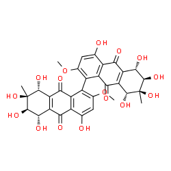 ChemSpider 2D Image | (5S,5'S,6R,6'R,7S,7'S,8R,8'R)-4,4',5,5',6,6',7,7',8,8'-Decahydroxy-2,2'-dimethoxy-7,7'-dimethyl-5,5',6,6',7,7',8,8'-octahydro-1,1'-bianthracene-9,9',10,10'-tetrone | C32H30O16