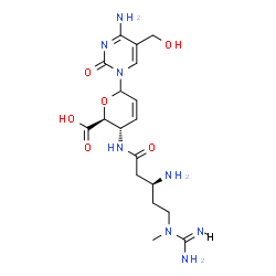 ChemSpider 2D Image | 4-Amino-1-(4-{[(3S)-3-amino-5-(N-methylcarbamimidamido)pentanoyl]amino}-2,3,4-trideoxy-D-erythro-hex-2-enopyranuronosyl)-5-(hydroxymethyl)-2(1H)-pyrimidinone | C18H28N8O6