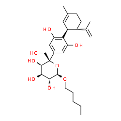 ChemSpider 2D Image | Pentyl 5-{3,5-dihydroxy-4-[(1S,6S)-6-isopropenyl-3-methyl-2-cyclohexen-1-yl]phenyl}-beta-D-glucopyranoside | C27H40O8