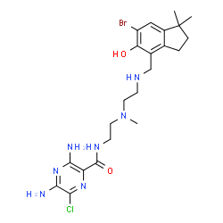 ChemSpider 2D Image | 3,5-Diamino-N-{2-[(2-{[(6-bromo-5-hydroxy-1,1-dimethyl-2,3-dihydro-1H-inden-4-yl)methyl]amino}ethyl)(methyl)amino]ethyl}-6-chloro-2-pyrazinecarboxamide | C22H31BrClN7O2