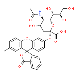 ChemSpider 2D Image | 7'-Methyl-3-oxo-3H-spiro[2-benzofuran-1,9'-xanthen]-3'-yl (6R)-5-acetamido-3,5-dideoxy-6-[(1R,2R)-1,2,3-trihydroxypropyl]-beta-L-threo-hex-2-ulopyranosidonic acid | C32H31NO12