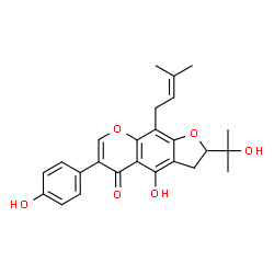 ChemSpider 2D Image | 4-Hydroxy-6-(4-hydroxyphenyl)-2-(2-hydroxy-2-propanyl)-9-(3-methyl-2-buten-1-yl)-2,3-dihydro-5H-furo[3,2-g]chromen-5-one | C25H26O6