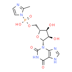 ChemSpider 2D Image | 3-{5-O-[Hydroxy(2-methyl-1H-imidazol-1-yl)phosphoryl]-beta-D-ribofuranosyl}-3,7-dihydro-1H-purine-2,6-dione | C14H17N6O8P