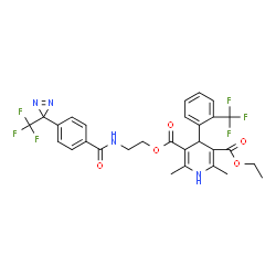 ChemSpider 2D Image | Ethyl 2-({4-[3-(trifluoromethyl)-3H-diaziren-3-yl]benzoyl}amino)ethyl 2,6-dimethyl-4-[2-(trifluoromethyl)phenyl]-1,4-dihydro-3,5-pyridinedicarboxylate | C29H26F6N4O5