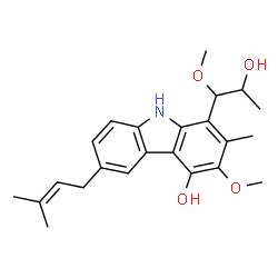 ChemSpider 2D Image | 1-(2-Hydroxy-1-methoxypropyl)-3-methoxy-2-methyl-6-(3-methyl-2-buten-1-yl)-9H-carbazol-4-ol | C23H29NO4