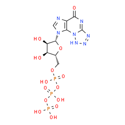 ChemSpider 2D Image | 8-[5-O-(Hydroxy{[hydroxy(phosphonooxy)phosphoryl]oxy}phosphoryl)-beta-D-ribofuranosyl]-1H-tetrazolo[5,1-b]purin-5(8H)-one | C10H14N7O14P3