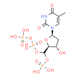 ChemSpider 2D Image | (R)-[(2S,3S,5R)-3-Hydroxy-5-(5-methyl-2,4-dioxo-3,4-dihydro-1(2H)-pyrimidinyl)tetrahydro-2-furanyl](phosphonooxy)methyl trihydrogen diphosphate | C10H17N2O15P3